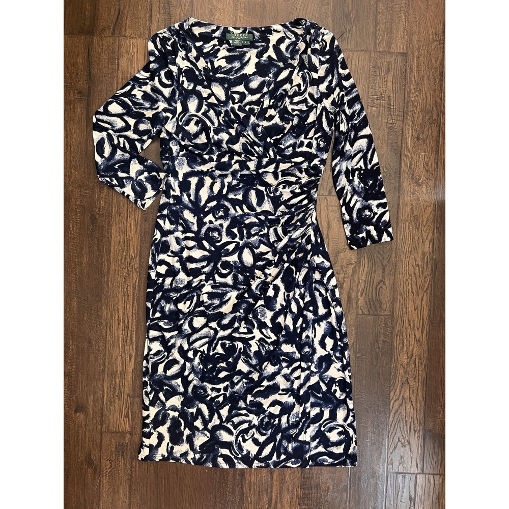 L. RALPH LAUREN Dress‎ Sz 6 Navy White Ruched Sheath Stretch Faux Wrap Classy